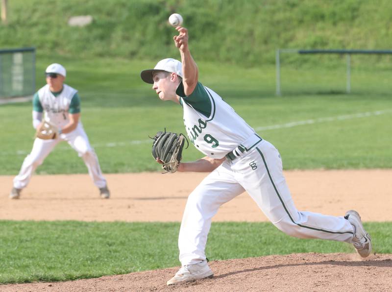 St. Bede pitcher Geno Dinges lets go of a pitch to Marquette on Thursday, April 24, 2025 at St. Bede Academy.