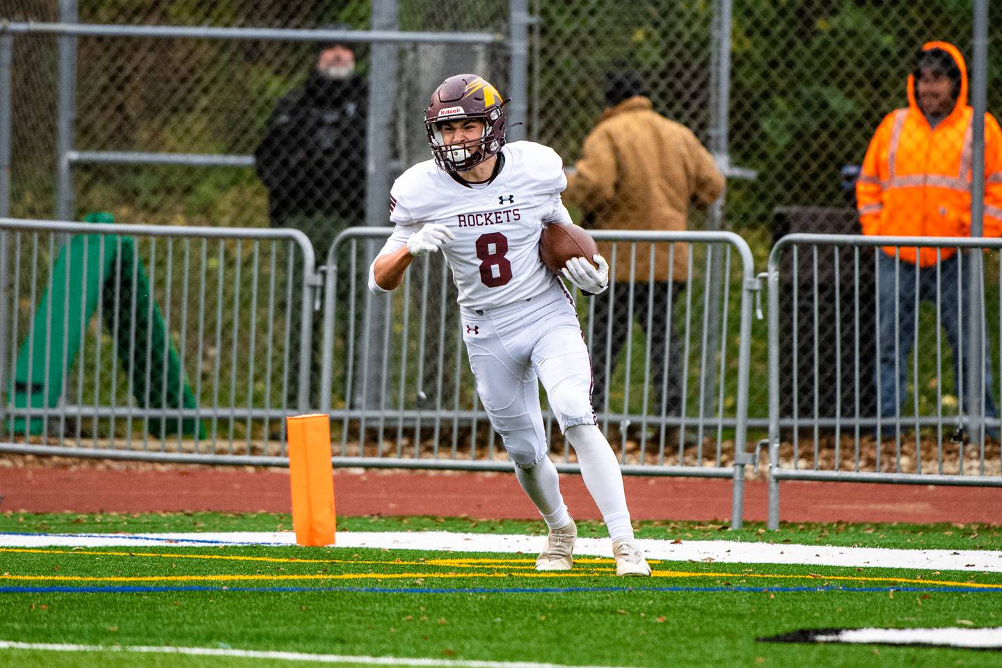 Richmond-Burtons Jack Martens celebrates his touchdown during the 3rd round IHSA Class 4A playoff game against Providence Catholic Saturday Nov. 12, 2022 at Providence Catholic High School in New Lenox