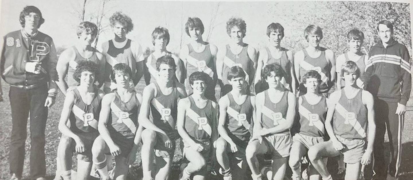 The 1979 Tigers' cross country team captured Princeton's first Class A second-place state finish. Team members are (front row, left to right) Jaimie Dow, Tom Caldwell, Pat McConnell, Dave Larson, Craig Martin, Tom Hodge, Dan Darling and Tim Elliott; and (back row) Scott Segerstrom, Dennis Taylor, Eric Volker, Jim Makransky, Scott Cook, Tim Ellis, Brian Navekan, Jim Chase, Mike Rieker and Coach Gary Coates.