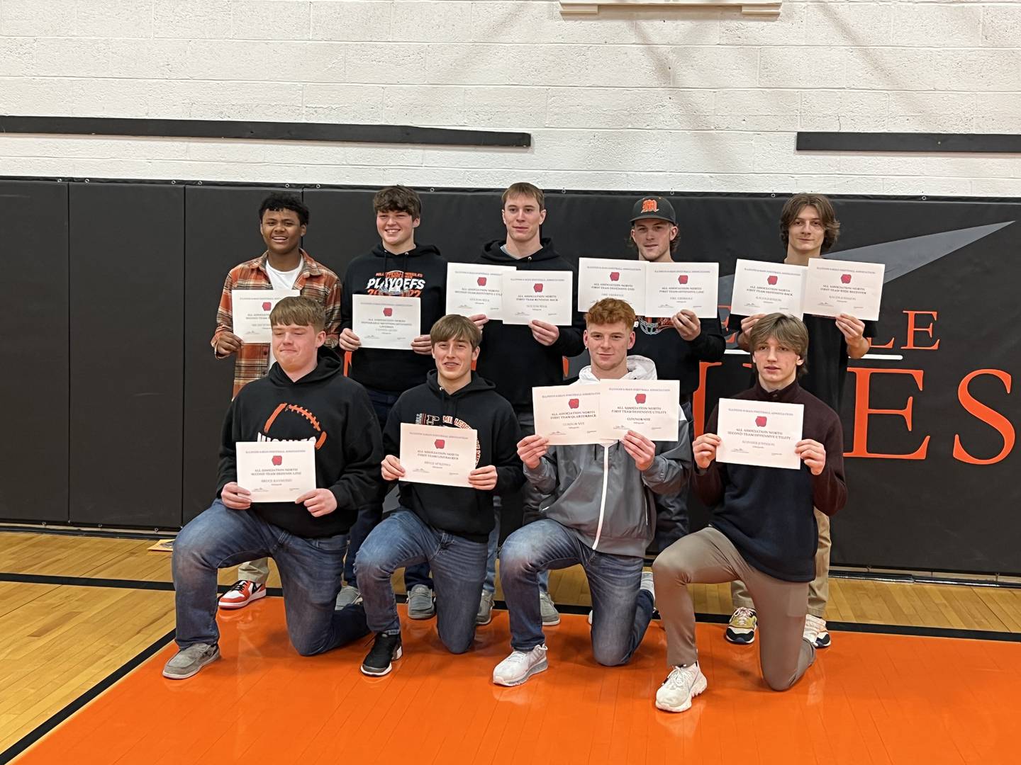 Illinois 8 Man Football All Association selections for Milledgeville are pictured here. In the front row, left to right, are: Bruce Raymond, Bryce McKenna, Connor Nye, Konner Johnson. Back row: Micah Toms-Smith, Cayden Akers, Kolton Wilk, Eric Ebersole, and Kacen Johnson.