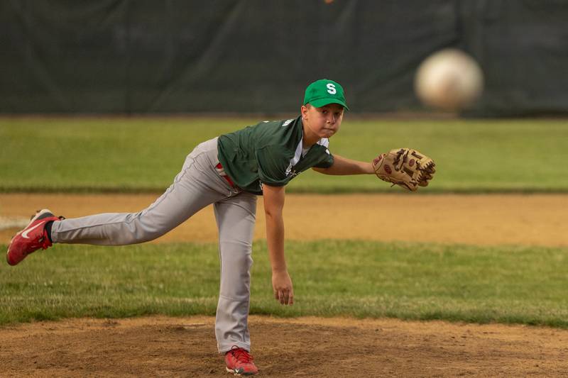 Rhett Lepper (11) of Hatzer & Sons pitches Wednesday, June 25, 2025, at Southside Park in Streator.