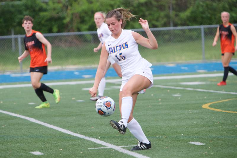 Wheaton North's Grace Ryan looks to advance the ball against St. Charles East at the Class 3A Regional Final in Wheaton on May 20,2022.