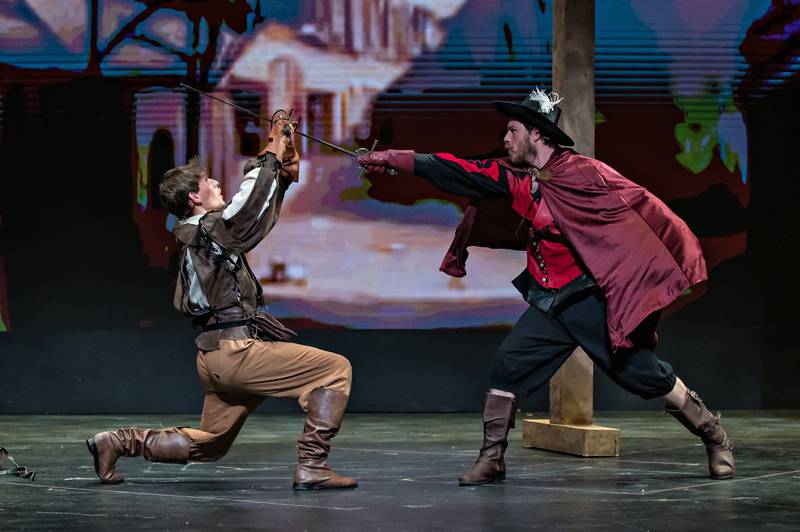 Jared Ritter (D’Artagnan, from left), Jarrett Passaglia (Ravanche). Theatre 121 presents Ken Ludwig’s adaptation of “The Three Musketeers” at Woodstock Opera House in 2025.
