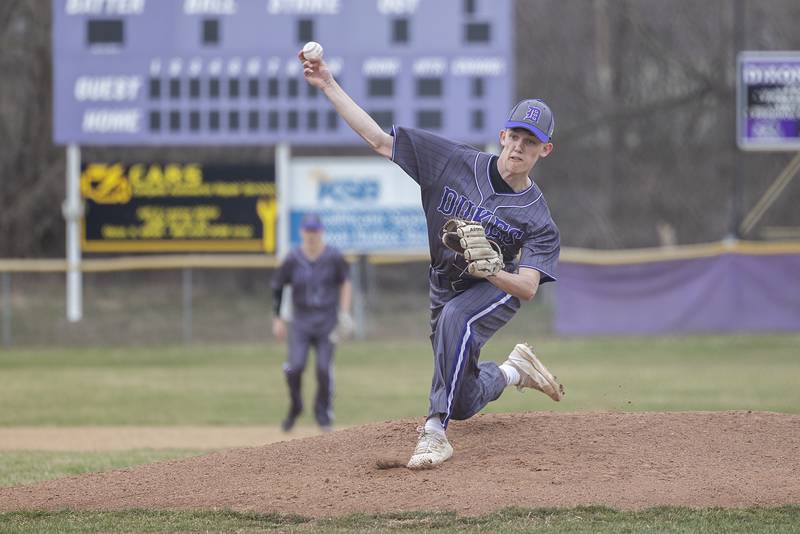 Dixon’s Bryce Feit fires a pitch against Rockford Jefferson Wednesday, March 13, 2024 to open the Dukes’ baseball season.