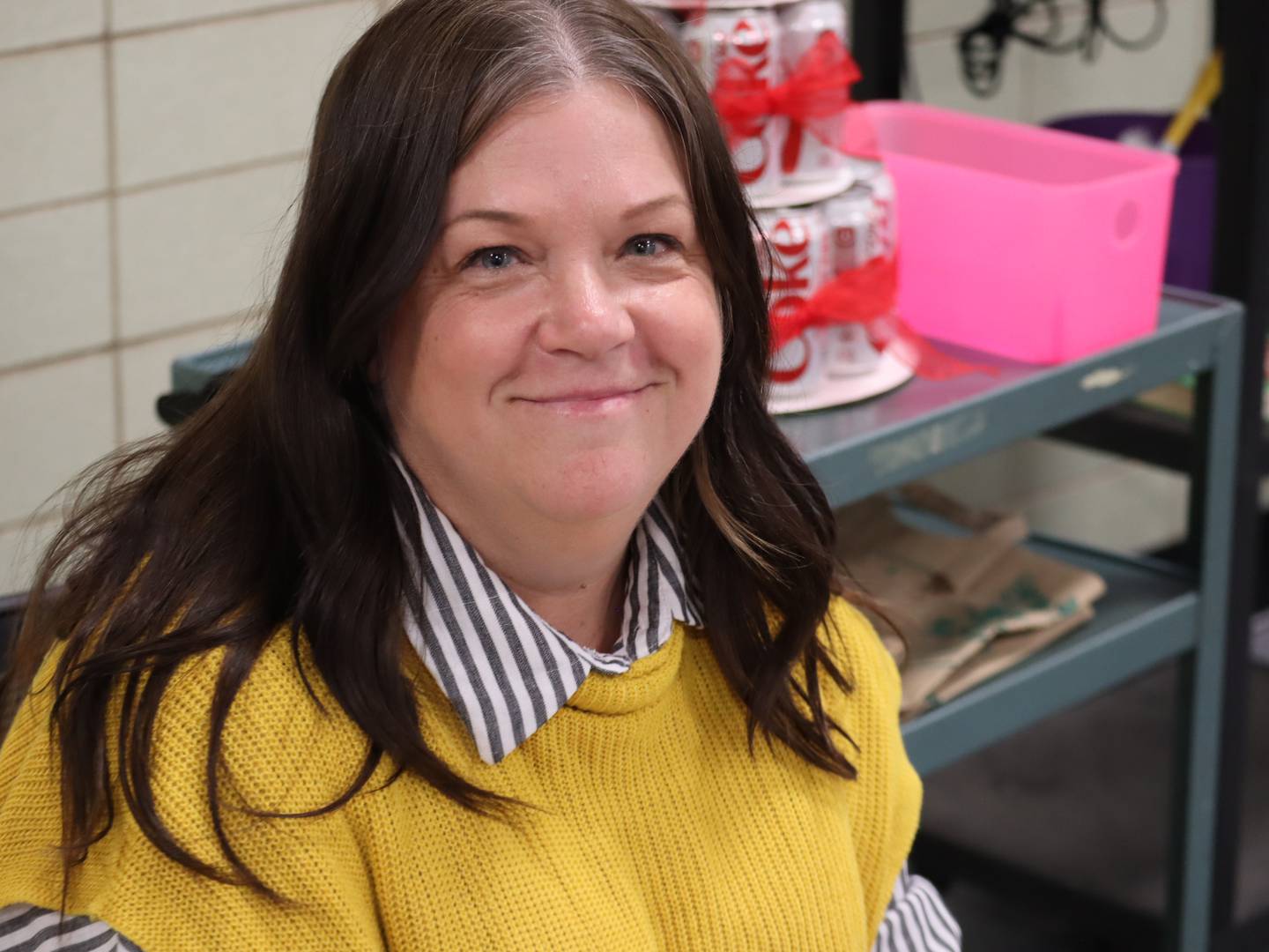 Jefferson Elementary School Principal Melanie Bickley smiles after she received a surprise assembly on May 1, 2025, and was named Administrator of the Year by the Illinois Association for Health, Physical Education, Recreation and Dance.