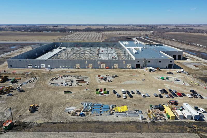 Workers continue construction of GAF Commercial Roofing, the largest roofing and waterproofing manufacturer in North America, on its $80 million, 450,000 square foot manufacturing facility on Tuesday, March 14, 2023 in Peru. GAF purchased an additional 34 acre parcel from the City of Peru in early March for $113,000.