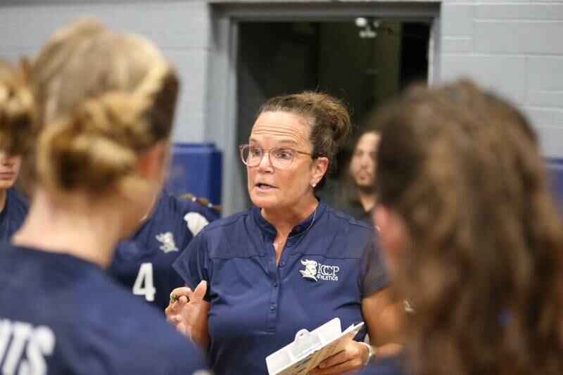 IC Catholic Prep's head coach Nancy Kerrigan instructs the team before the start of their match versus Nazareth.  Aug 29, 2023.