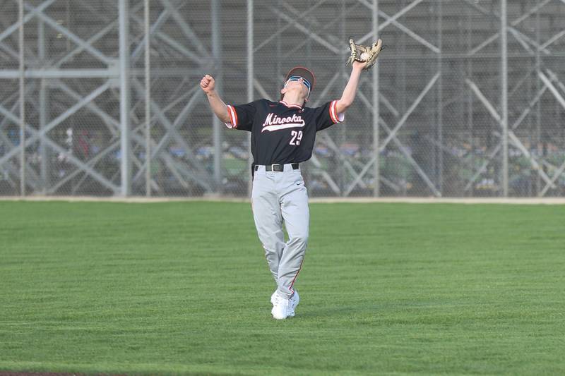 Minooka’s Grayor Feeney snags the shallow pop fly against Joliet Central on Monday, April 6, 2026 in Joliet.