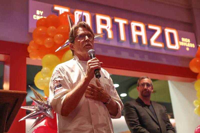 Chef Rick Bayless speaks at the opening of Tortazo restaurant inside Harrah’s Casino Joliet on Friday, Oct. 4, 20234 in Joliet.