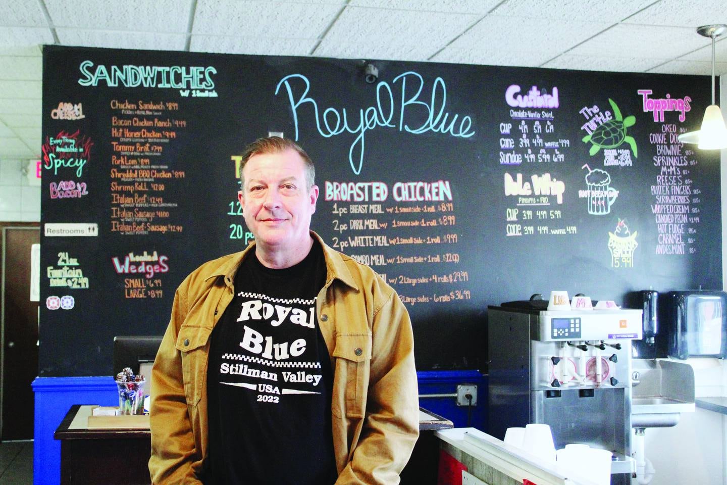 Michael Cruickshank owns the Royal Blue General Store in Stillman Valley with his wife Lisa. They bought a downtown building that once had been home to a Royal Blue grocery store and resurrected the name for its restaurant, known for its broasted chicken and custard.
