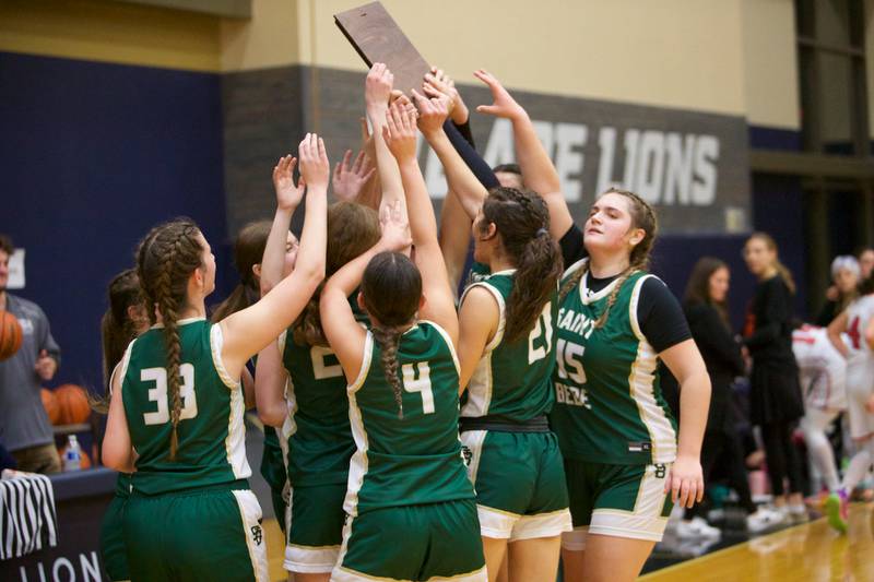 St. Bede celebrates the win over Ida Crownat the Class 1A Girl's Basketball  Super Sectional on Monday , Feb.26, 2024 at Harvest Christian Academy  in Elgin.