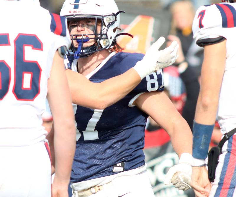 Cary-Grove’s Jake Cody celebrates after sacking Belvidere North’s quarterback Nicolas Tapia in IHSA Class 6A quarterfinal playoff football action on Saturday, Nov. 16, 2024, at Al Bohrer Field on the campus of Cary-Grove High School in Cary.