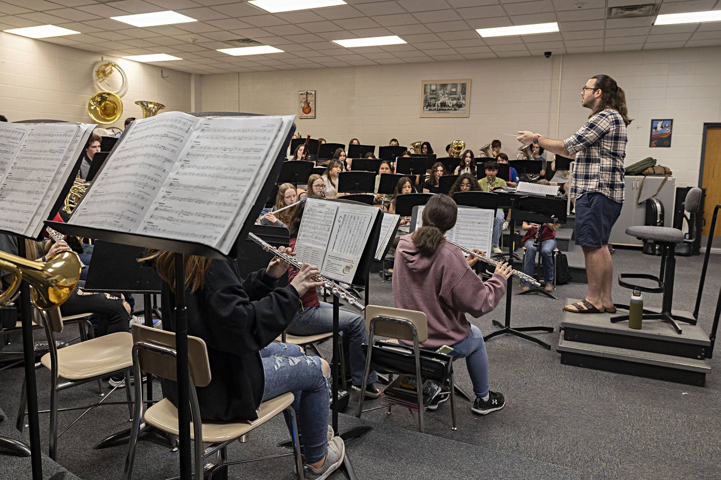 Sterling High School band director Brendon O’Donnell directs his group Thursday, April 13, 2023.