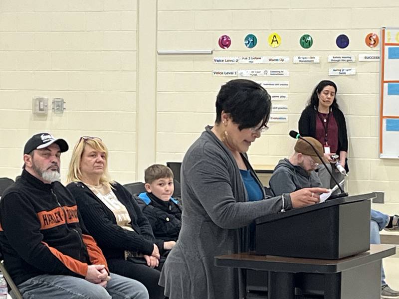 Joliet Junior College Trustee Alicia Morales opposes the proposed closure of A.O. Marshall Elementary School during a public hearing on Thursday, Jan. 8, 2026, at Isaac Singleton Elementary School in Joliet.