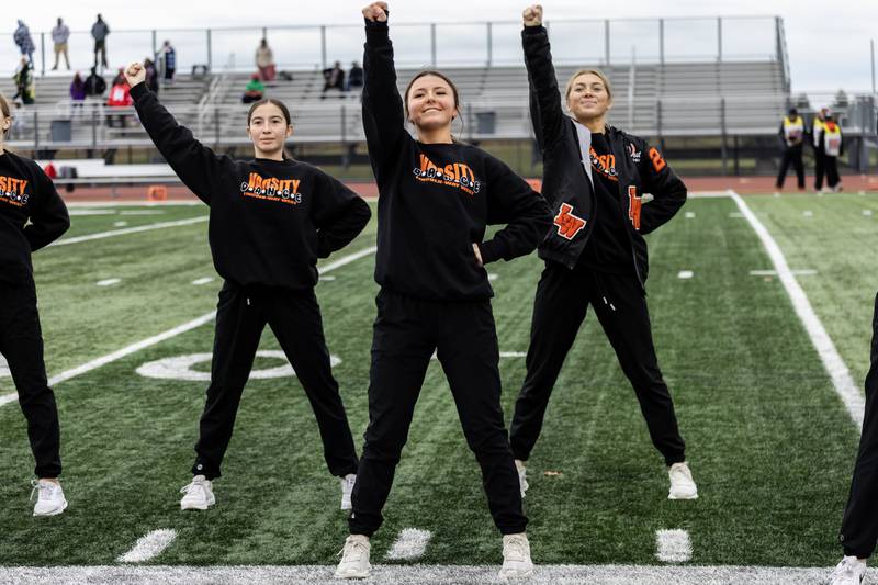 Lincoln-Way West’s dance team shares school spirit prior to a 7A varsity football playoff game against Kenwood at Lincoln-Way West on Nov. 8, 2025.