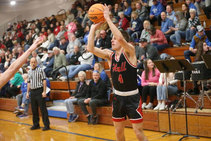 Hall's Luke Bryant lets go of a wide-open jump shot against Princeton on Friday, Feb. 13, 2026 at Princeton High School.