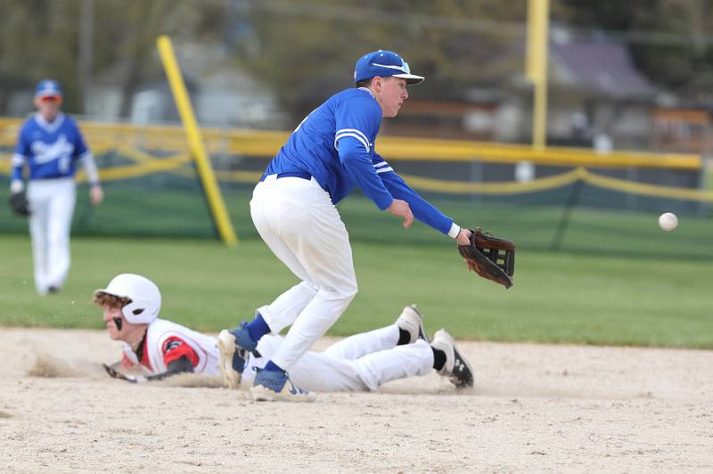 Indian Creek's Kason Murry steals second as Hinckley-Big Rock's Ben Hintzsche takes the throw during their game Monday, May 1, 2023, at Indian Creek High School in Shabbona.
