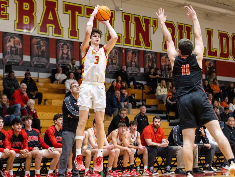 Batavia guard Jax Abalos shoots a three-point field goal during a home game against Wheaton Warrenville South on Tuesday, Jan. 7, 2025.