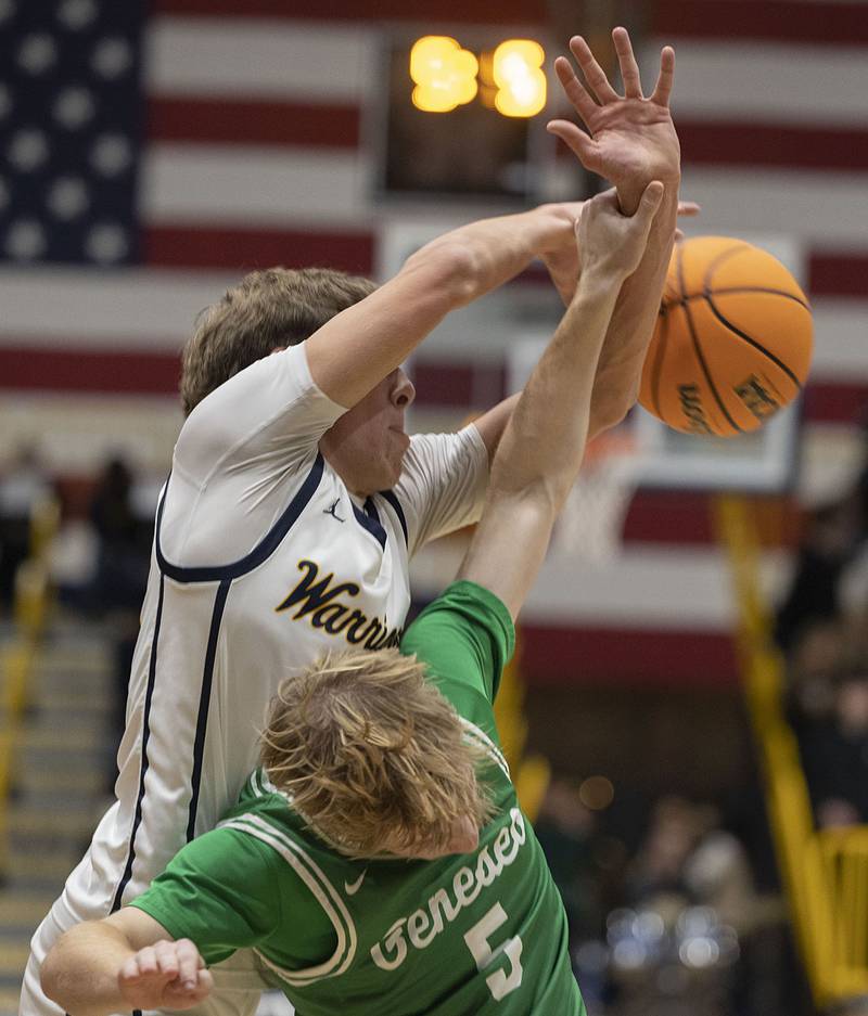 Sterling’s Jack Saathoff and Geneseo’s Kellen VanKerrebroeck work for a loose ball Friday, Dec. 5, 2025.