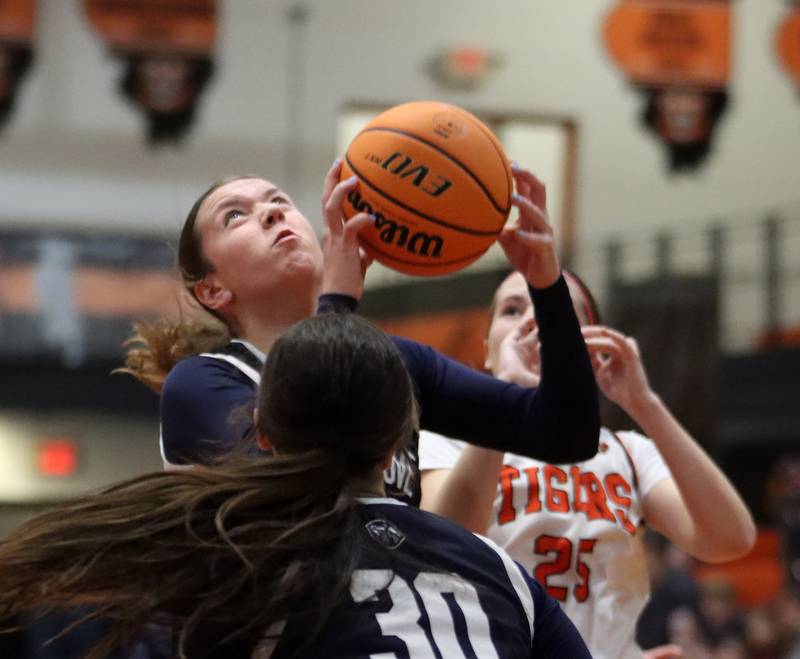 Cary-Grove’s Elizabeth Mjaanes battles under the hoop against Crystal Lake Central in varsity girls basketball on Tuesday, Jan. 7, 2025, at Crystal Lake Central High School in Crystal Lake.