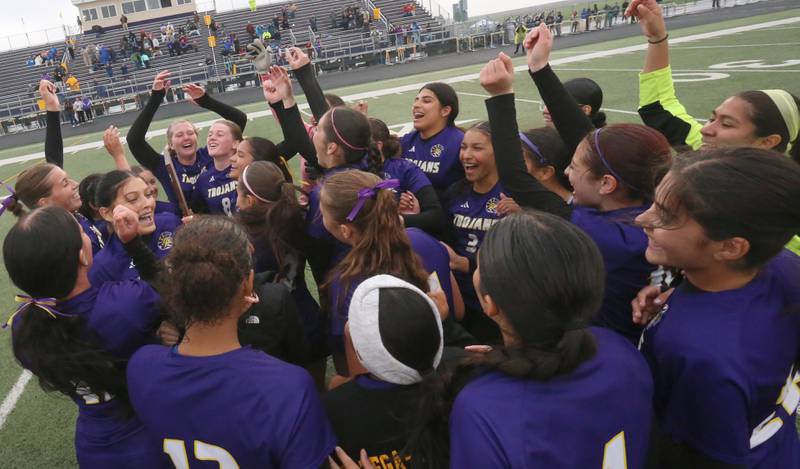 Members of the Mendota girls soccer team celebrate after winning the Class 1A Regional final against Princeton on Tuesday, May 20, 2025 at Mendota High School.