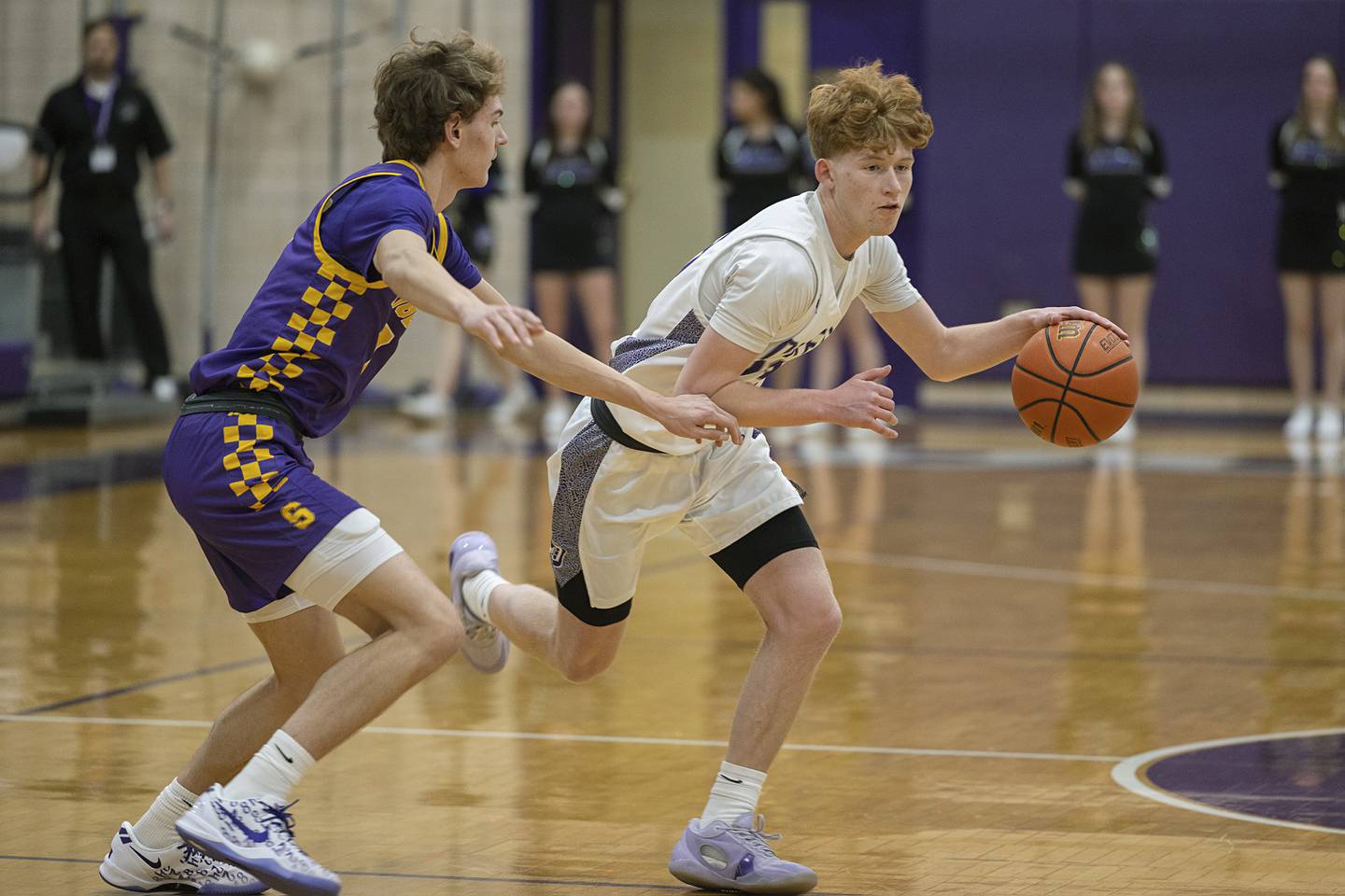 Dixon’s Austin Hicks handles the ball against Sherrard Thursday, Feb. 15, 2024 at Dixon High School.