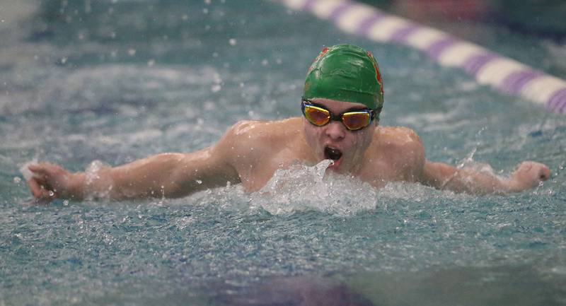 L-P Co-op swimmer Caleb Strand competes in the 100 yard butterfly event during a triangular meet against Morrison and Olympia on Wednesday, Jan. 22, 2025 at the Illinois Valley YMCA in Peru.