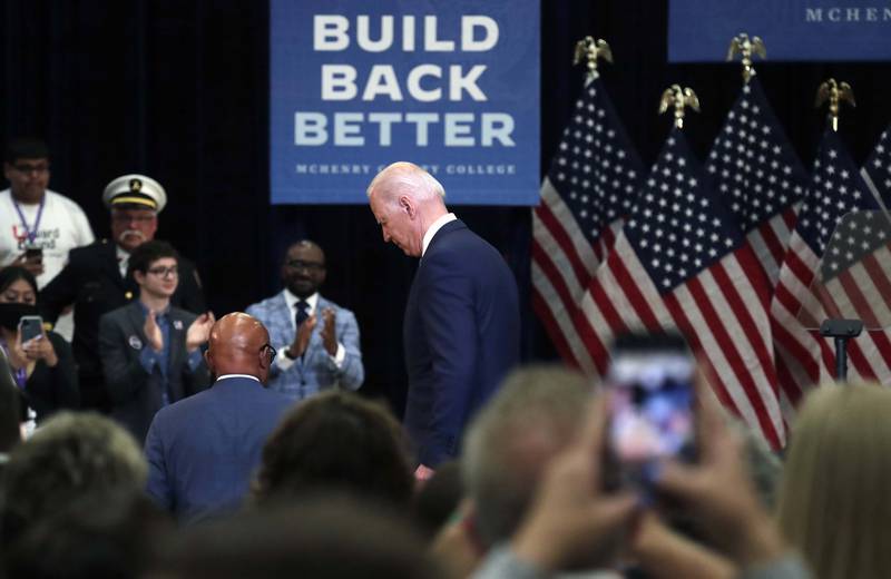 President Joe Biden leaves the podium after speaking Wednesday, July 7, 2021, at McHenry County College in Crystal Lake.