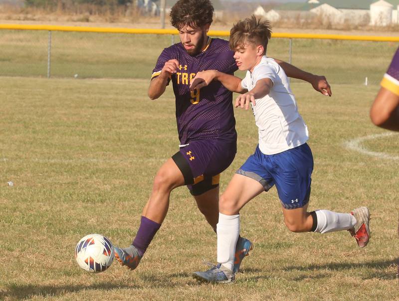 Mendota's David Casas gets the ball away from Princeton's Parker Nink during the Class 1A Regional final game on Tuesday, Oct. 22, 2024 at Serena High School.