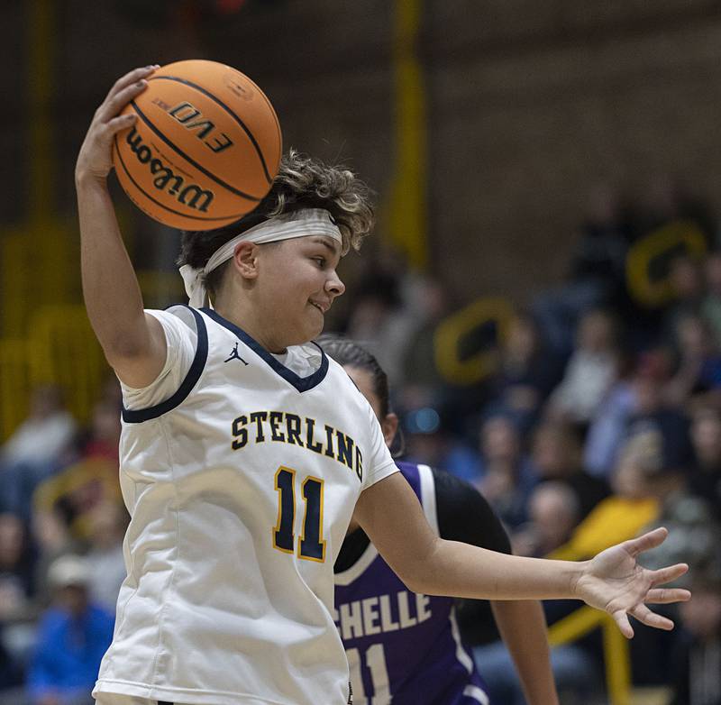 Sterling’s Joslynn James hauls down a rebound against Rochelle Tuesday, Jan. 6, 2026.