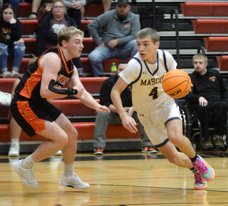 Polo's Mercer Mumford (4) drives to the basket against Warren on Tuesday, Dec. 17, 2024 at the 63rd Annual Forreston Holiday Tournament.