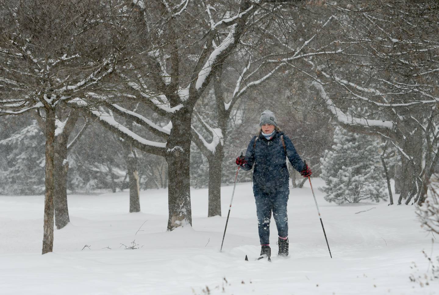 Lisa Carani takes advantage of the fresh snow to do a little cross-country skiing in St. Charles on Wednesday, Feb. 2, 2022.