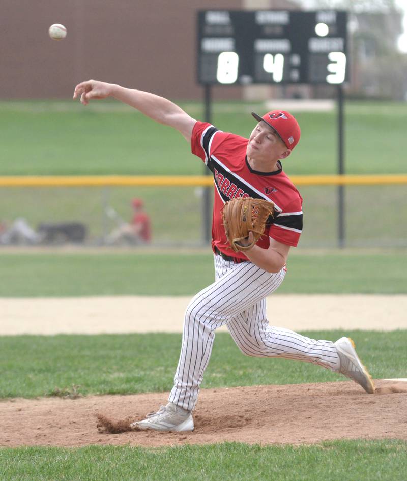 Forreston's Connor Politsch pitches against Lena-Winslow on Monday, April 28, 2025 at Forreston High School.
