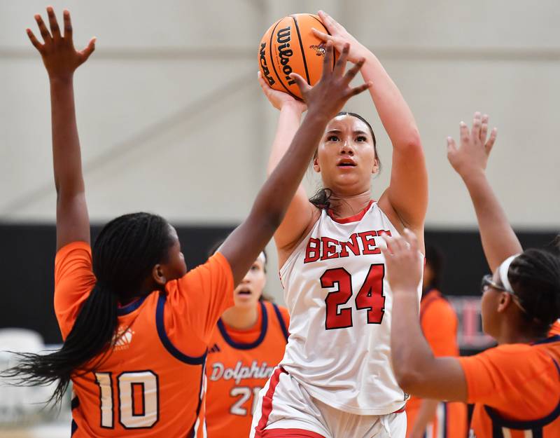 Benet’s Emma Briggs shoots and scores while surrounded by Whitney Young defenders during a Coach Kipp Hoopsfest game on January 19, 2026 at Benet Academy in Lisle.
