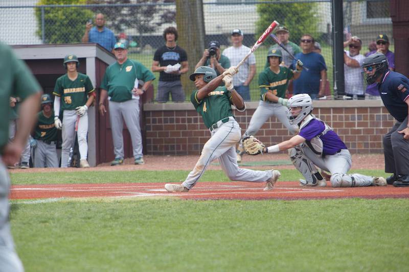 Waubonsie's Josh Hung swings for a hit against Downers Grove North at the Class 4A Sectional Final on Saturday, June 7, 2025 in Lockport.