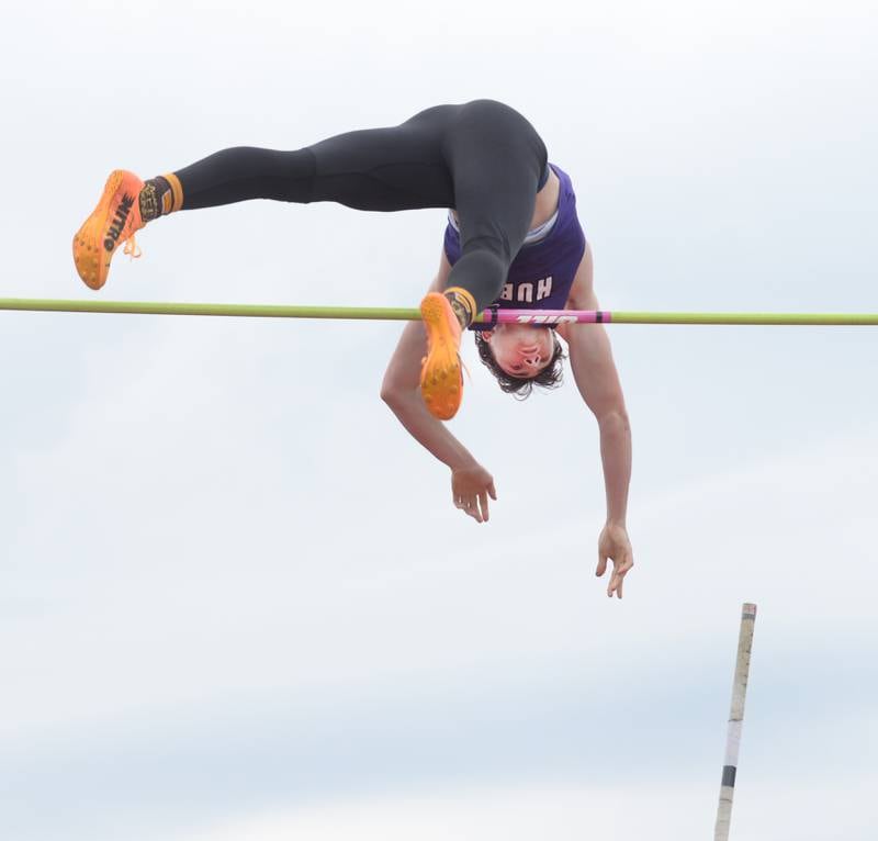 Rochelle's Andrew Nuyen clears the bar setting a new pole vault record at the Hawk Classic on Friday, May 2, 2025 at the Landers-Loomis Field in Oregon.