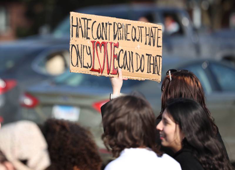 Northern Illinois University students cheer as vehicles passing on Lincoln Highway honk in support Friday, Feb 13, 2026, during a gathering in front of the DeKalb Police Department, to protest against recent nationwide U.S. Immigration and Customs Enforcement activity.