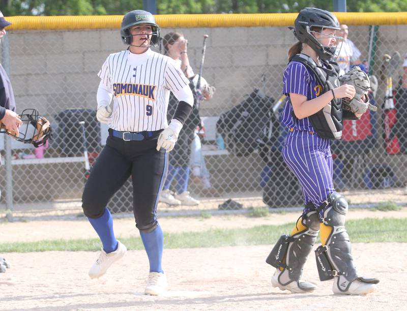 Somonauk/Leland's Kennedy Barshinger scores a run against Mendota during the Class 1A Regional quarterfinal game on Monday, May 19, 2025 at Somonauk High School.