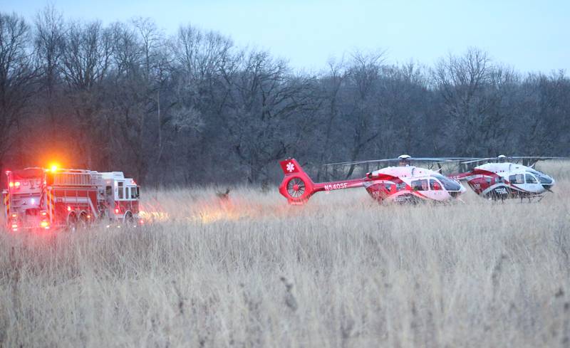 A pair of OSF Lifeflight helicopters land on the scene for two patients who fell 20-30 feet at French Canyon on Tuesday, April 1, 2025 at Starved Rock State Park. A Mutual Aid Box Alarm System (MABAS) prompted rope and rescuers as far as Marseilles and Princeton.