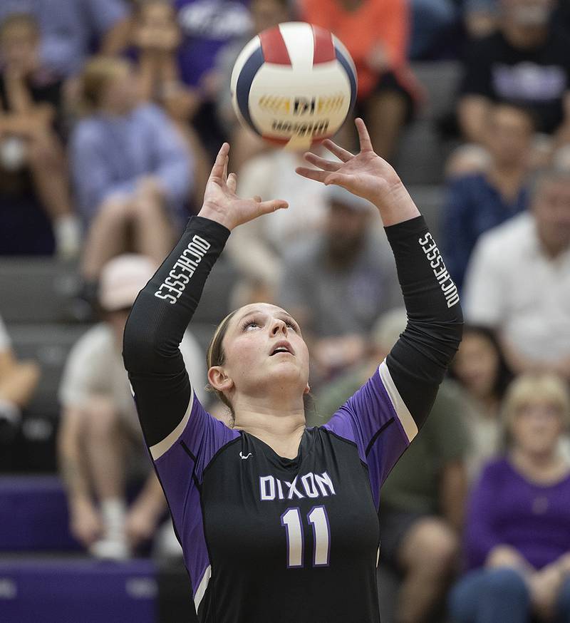 Dixon’s Presley Lappin sets the ball against L-P Tuesday, Oct. 29, 2024, at the class 3A regional semifinal in Dixon.