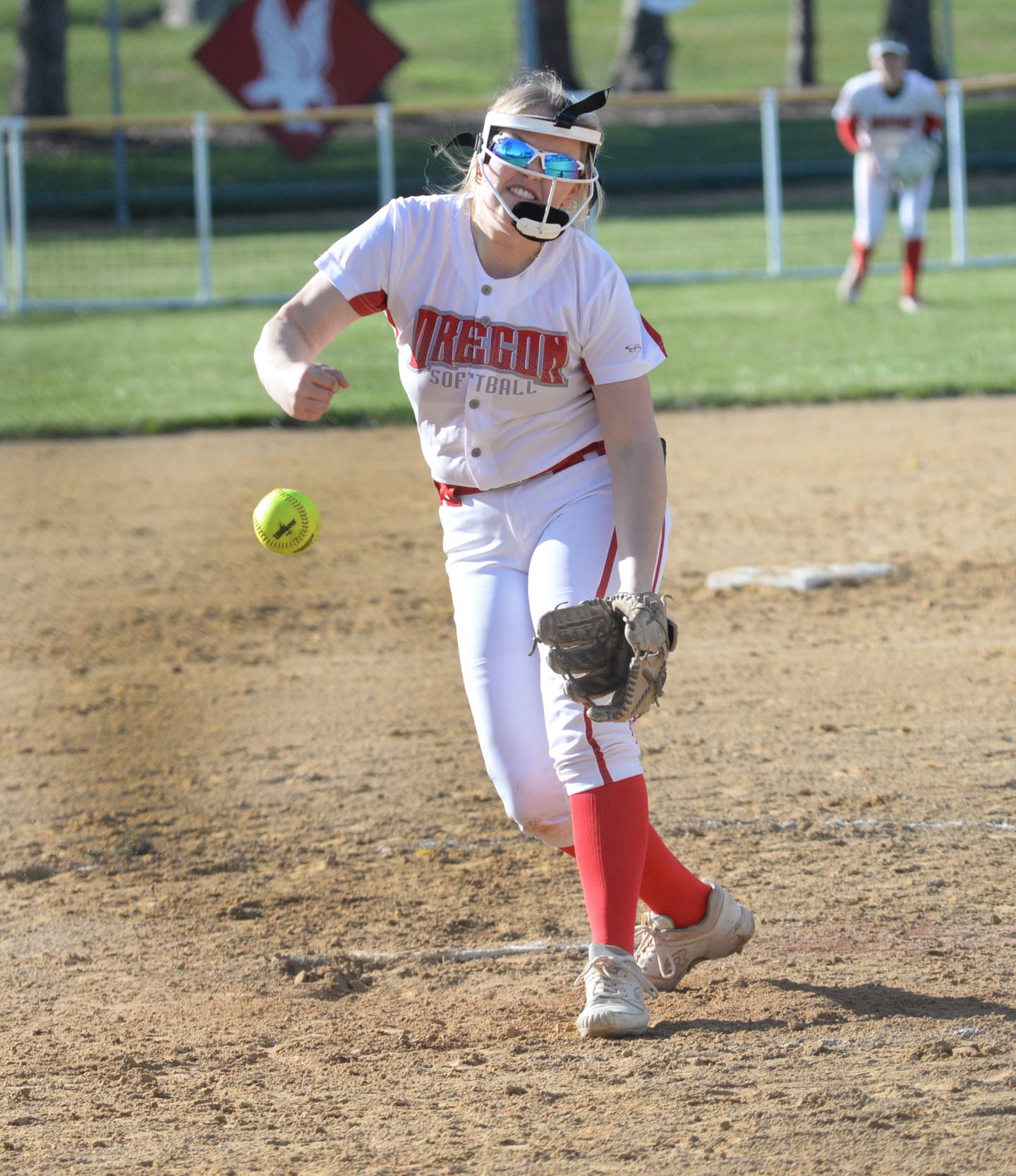 Oregon's Emma Schlichtmann pitches against Dixon during a Friday, April 5, 2024 game at Oregon Park West