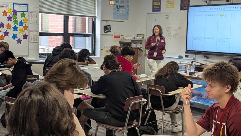 Lockport Township High School math teacher Mary Westberg walks through her classroom.