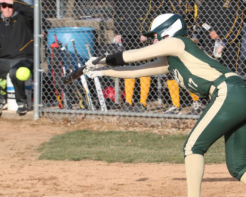 St. Bede's Madelyn Torrence attempts a bunt against Riverdale on Monday, March 20, 2023 at St. Bede Academy.
