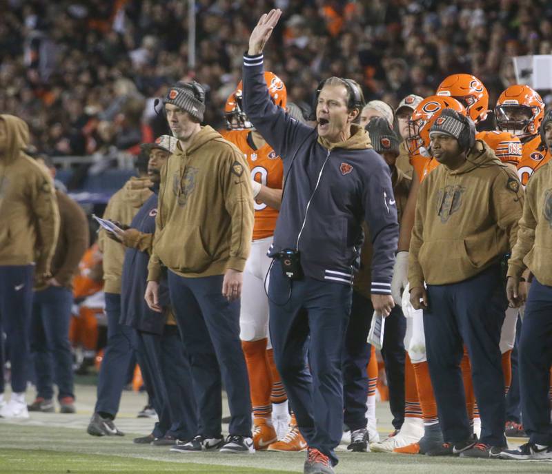 Chicago Bears head coach Matt Eberflus coaches his team from the sidelines against the Carolina Panthers on Thursday, Nov. 9, 2023 at Soldier Field.