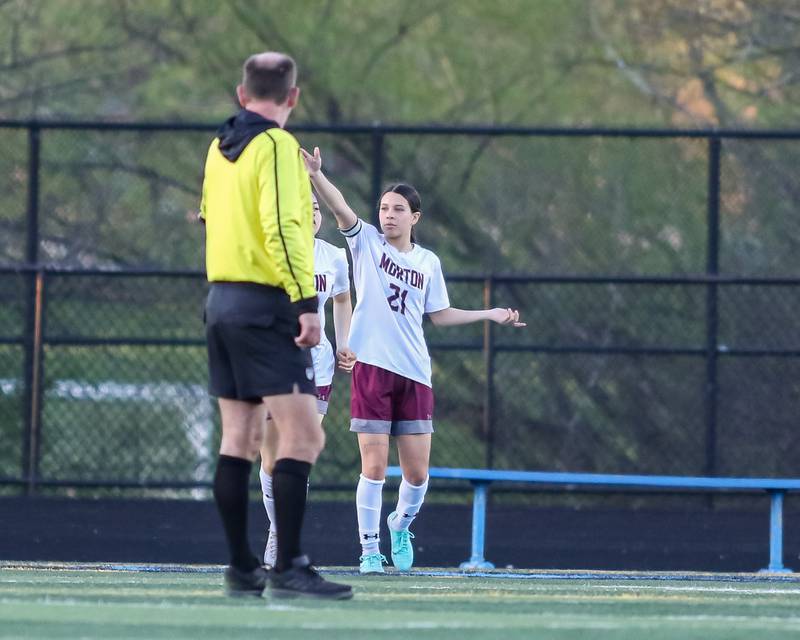 Morton's Carisma Rosales (21) looks for the call from the ref during soccer match between Morton at Willowbrook.  April 15, 2024.