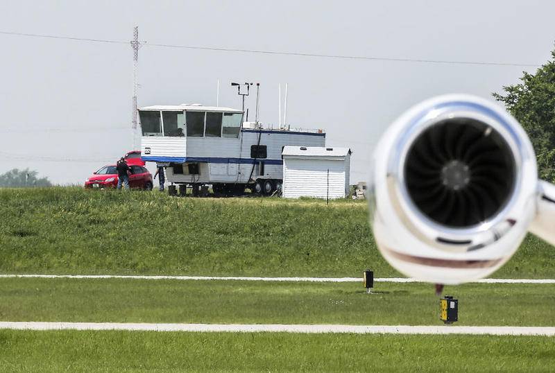 A make-shift air traffic trailer can be seen Thursday, June 6, 2019, at Lewis University in Romeoville, Ill. The airport is slated to receive $6 Million from the state's first capital bill in 10 years.
