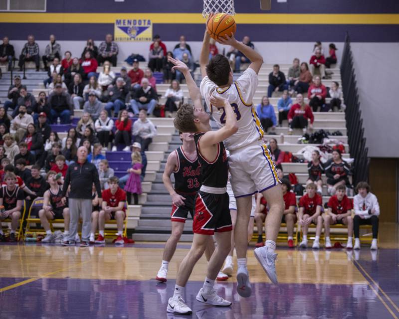 Dane Doyle of Mendota High School makes a layup again Hall on January 24, 2025 at Mendota High School.