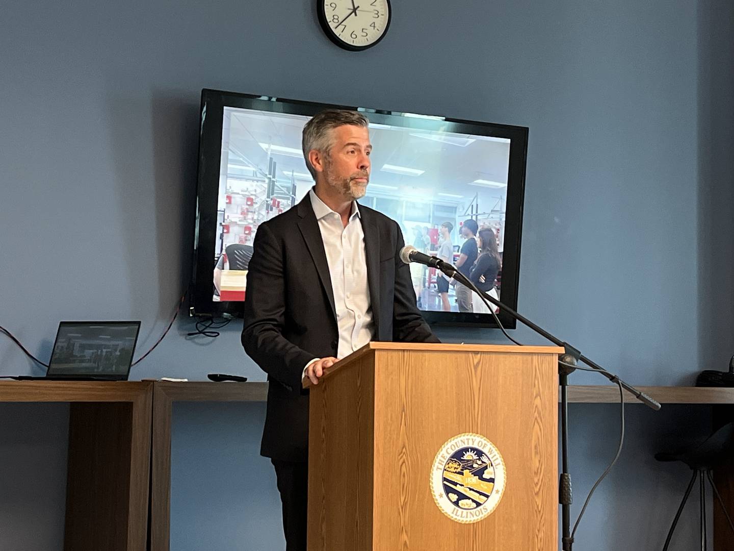 HIRE360 Executive Director Jay Rowell at the graduation ceremony for the Illinois Works Pre-Apprenticeship Program in Will County on Wednesday, Aug. 13, 2025, at the Will County Courthouse in Joliet.