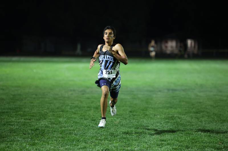 Kankakee's Ethan Marin nears the finish line during the All-City cross country meet at Bishop McNamara on Wednesday, Sept. 17, 2025.