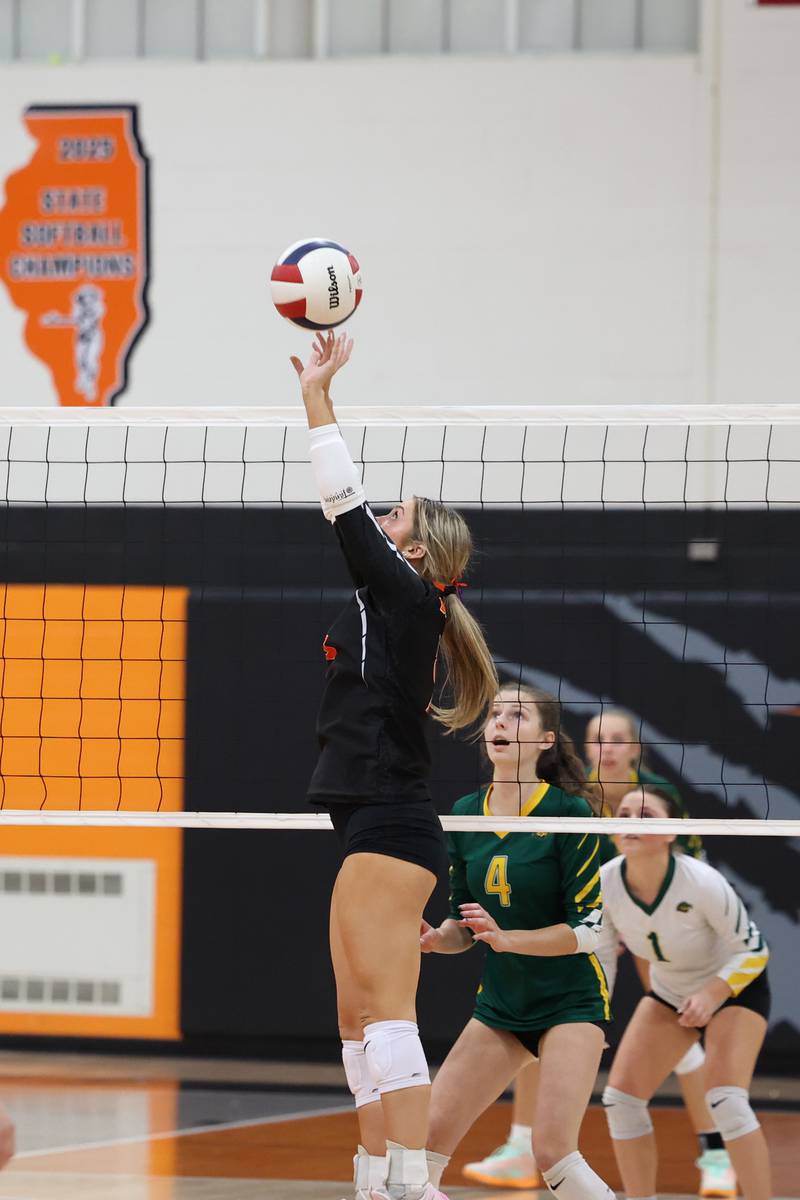 Beecher's Mallory Berry sets up the ball during the Bobcats' victory in two sets, 25-22, 25-23, over Grant Park in the RVC championship game on Monday, Oct. 20, 2025, at Beecher High School. Berry reached her 1,000th assist in the game's first set.